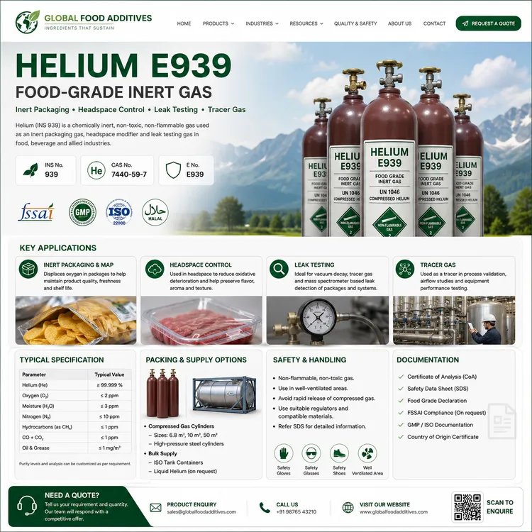 Helium E939 food-grade inert gas cylinder for packaging and leak testing applications