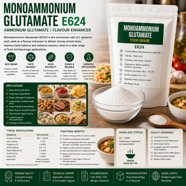 Monoammonium Glutamate E624 ammonium glutamate flavour enhancer for savoury food applications