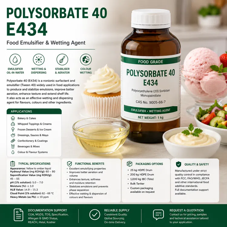 Polysorbate 40 E434 food-grade emulsifier food additive ingredient illustration