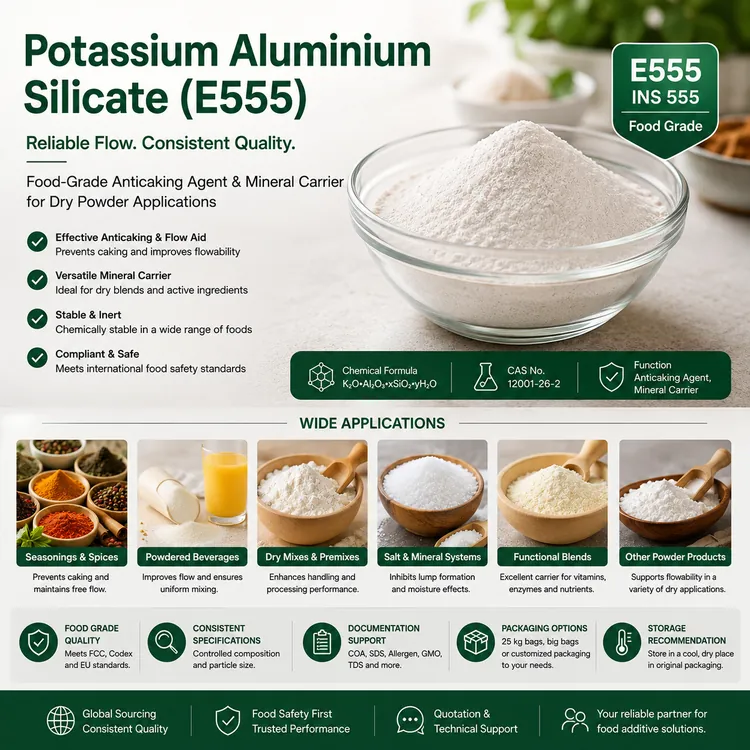 Potassium Aluminium Silicate E555 anticaking agent food additive ingredient illustration